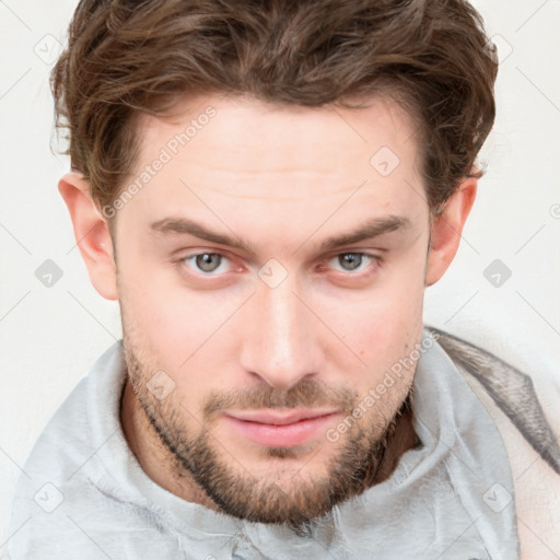 Neutral white young-adult male with short  brown hair and grey eyes