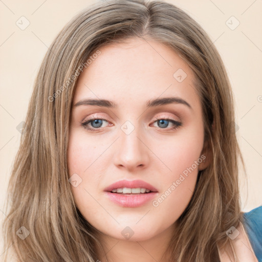 Joyful white young-adult female with long  brown hair and green eyes