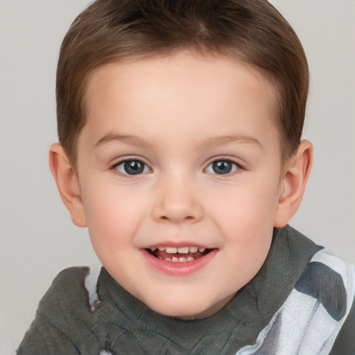 Joyful white child female with short  brown hair and brown eyes