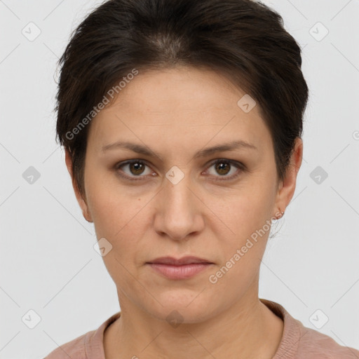 Neutral white young-adult female with short  brown hair and brown eyes