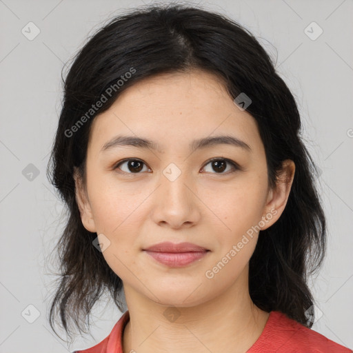 Joyful white young-adult female with medium  black hair and brown eyes