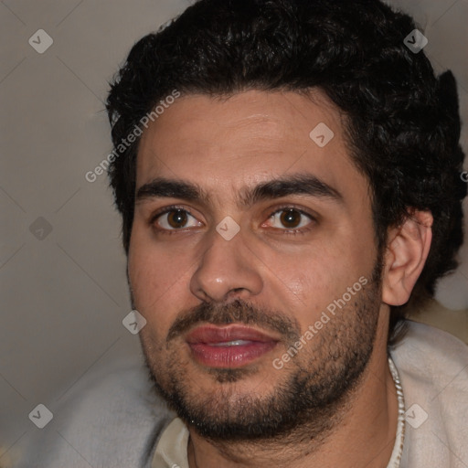 Joyful white young-adult male with short  black hair and brown eyes
