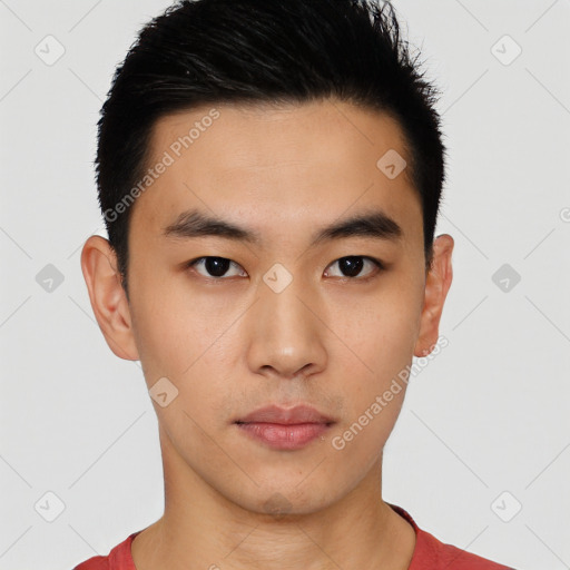 Neutral asian young-adult male with short  black hair and brown eyes