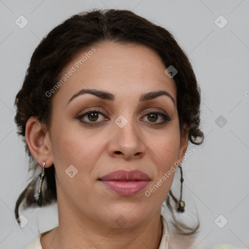 Joyful white young-adult female with medium  brown hair and green eyes