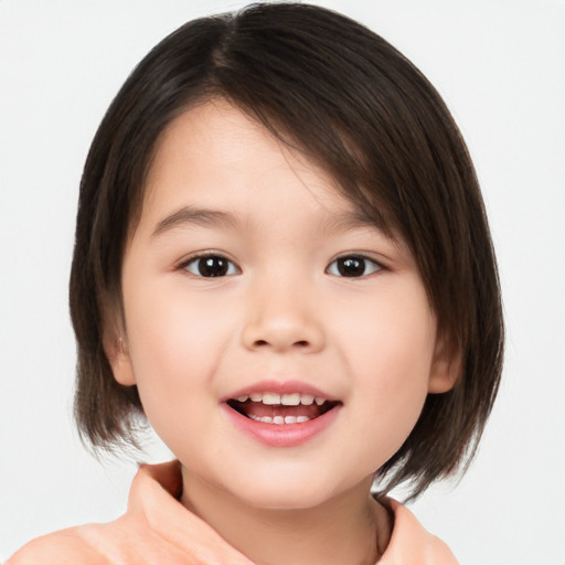 Joyful white child female with medium  brown hair and brown eyes