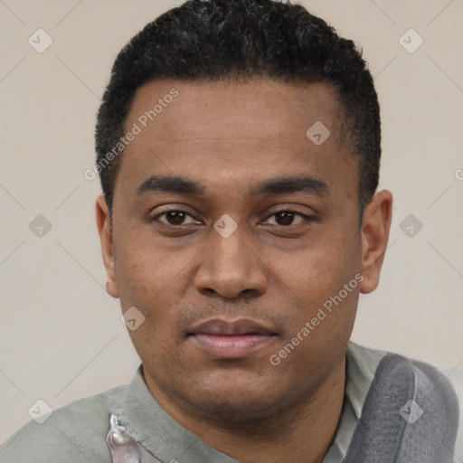 Neutral latino young-adult male with short  black hair and brown eyes