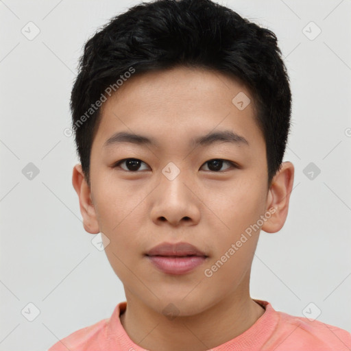 Neutral asian young-adult male with short  brown hair and brown eyes