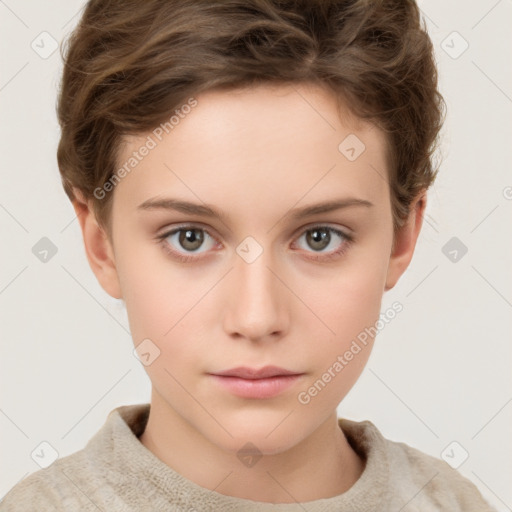 Neutral white child female with short  brown hair and grey eyes