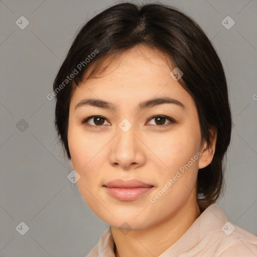 Neutral asian young-adult female with medium  brown hair and brown eyes