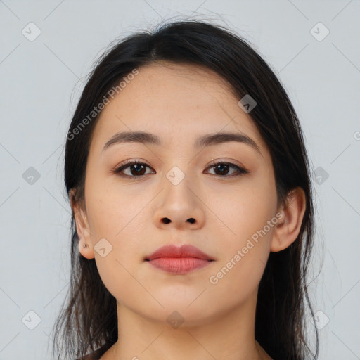 Neutral asian young-adult female with long  brown hair and brown eyes