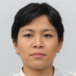 Neutral asian young-adult female with short  brown hair and brown eyes