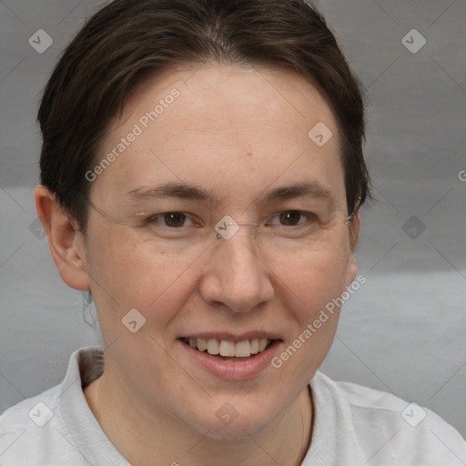 Joyful white adult female with short  brown hair and brown eyes