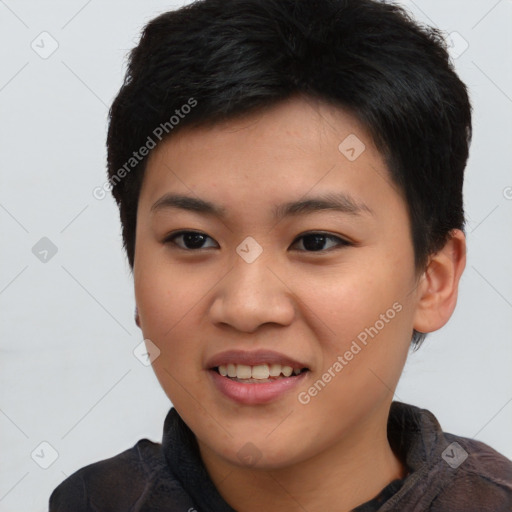 Joyful asian young-adult female with short  black hair and brown eyes