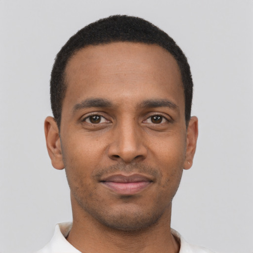 Neutral black young-adult male with short  black hair and brown eyes