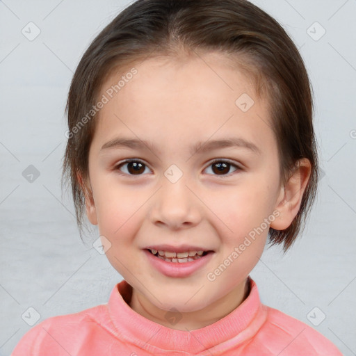 Joyful white child female with medium  brown hair and brown eyes