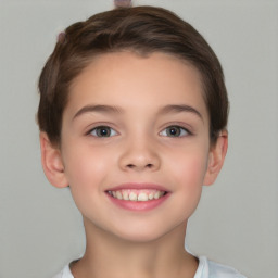 Joyful white child female with short  brown hair and brown eyes