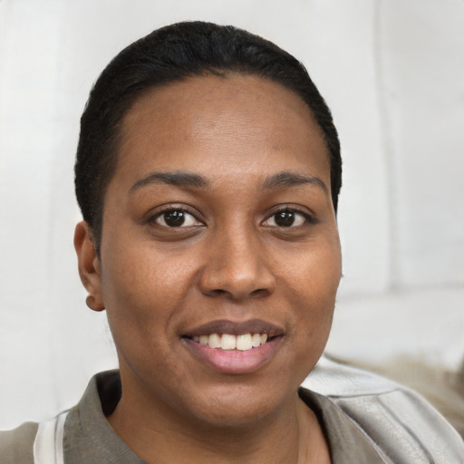 Joyful black young-adult female with short  black hair and brown eyes