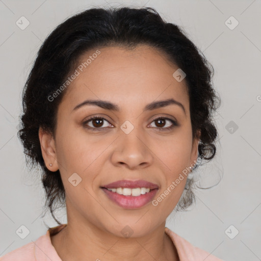 Joyful latino young-adult female with medium  brown hair and brown eyes