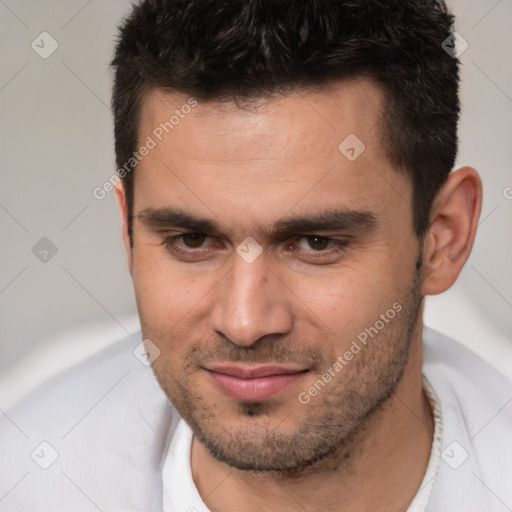 Joyful white young-adult male with short  brown hair and brown eyes