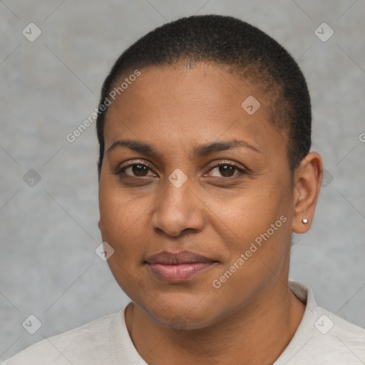 Joyful black young-adult female with short  brown hair and brown eyes