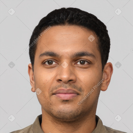 Neutral latino young-adult male with short  black hair and brown eyes