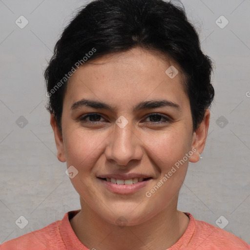 Joyful white young-adult female with short  brown hair and brown eyes