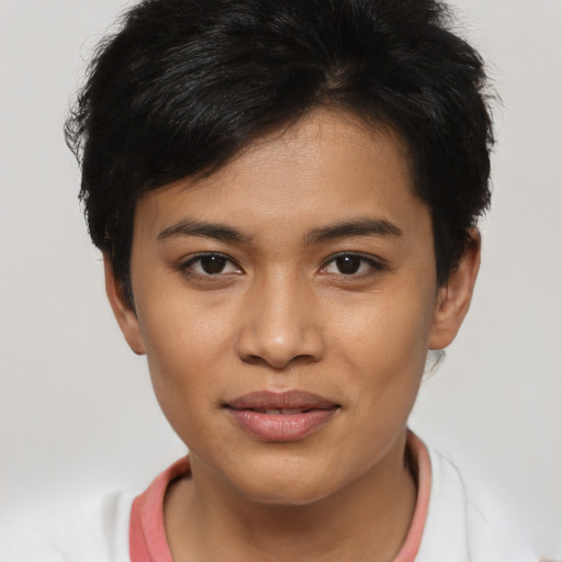 Joyful asian young-adult female with short  brown hair and brown eyes