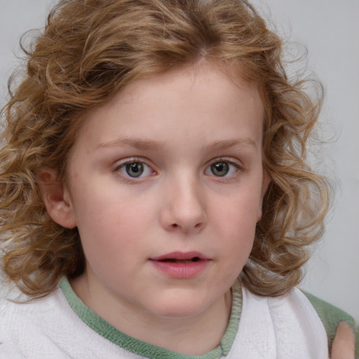 Neutral white child female with medium  brown hair and blue eyes