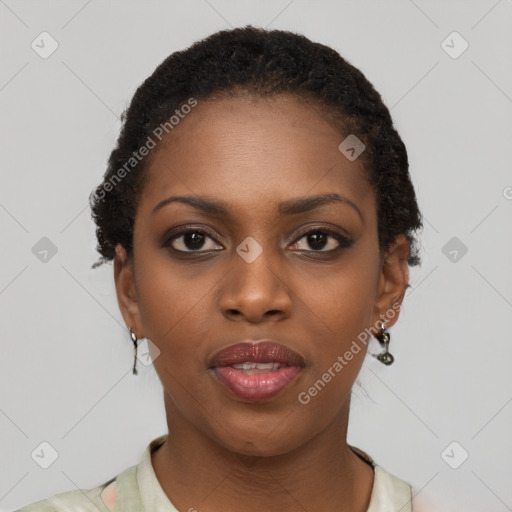 Neutral black young-adult female with short  brown hair and brown eyes