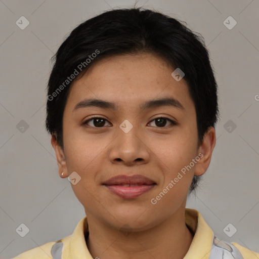 Joyful asian young-adult female with short  black hair and brown eyes