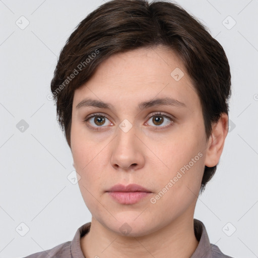 Neutral white young-adult female with short  brown hair and brown eyes