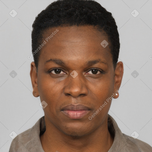 Neutral black young-adult female with short  black hair and brown eyes