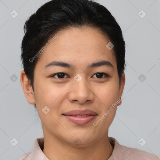 Joyful asian young-adult female with short  brown hair and brown eyes