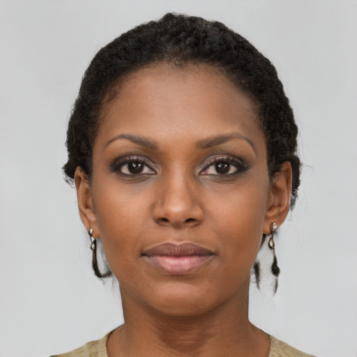 Neutral black young-adult female with short  black hair and brown eyes