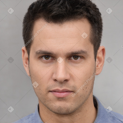 Neutral white young-adult male with short  brown hair and brown eyes