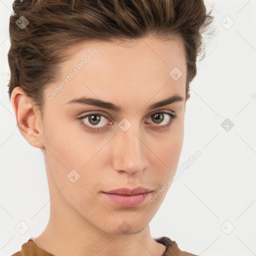 Neutral white young-adult female with short  brown hair and brown eyes