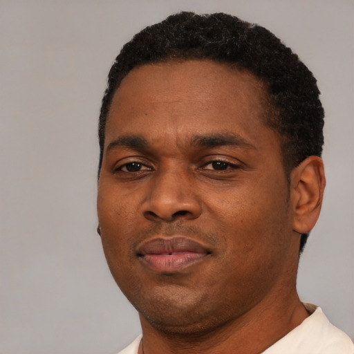 Joyful black young-adult male with short  black hair and brown eyes