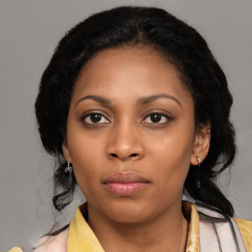 Neutral latino young-adult female with medium  black hair and brown eyes