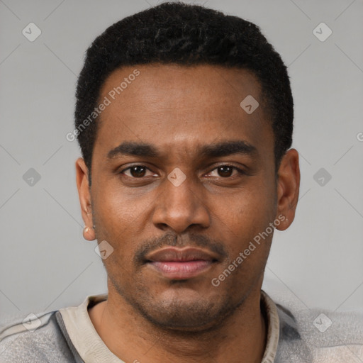 Neutral latino young-adult male with short  black hair and brown eyes