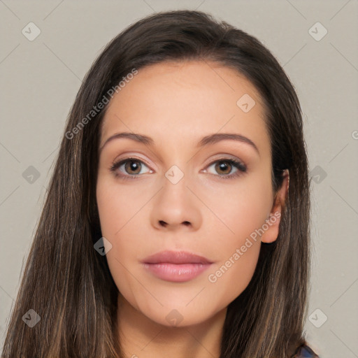 Neutral white young-adult female with long  brown hair and brown eyes