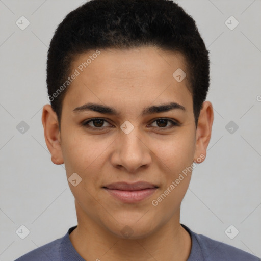 Joyful latino young-adult female with short  brown hair and brown eyes