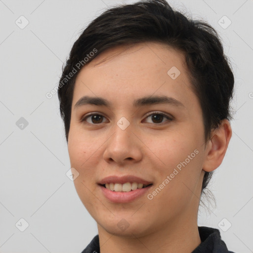 Joyful white young-adult female with short  brown hair and brown eyes