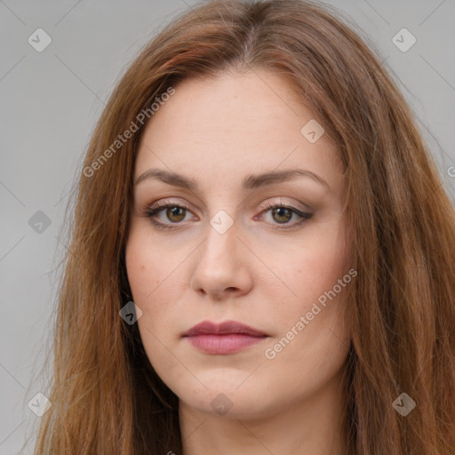 Neutral white young-adult female with long  brown hair and brown eyes