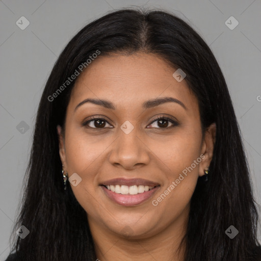 Joyful latino young-adult female with long  brown hair and brown eyes