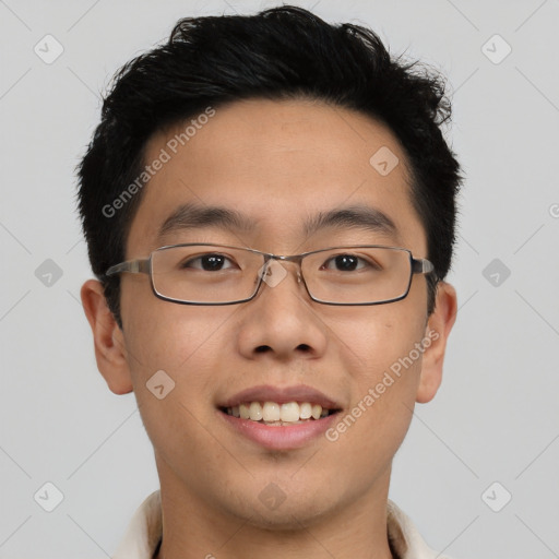 Joyful asian young-adult male with short  brown hair and brown eyes