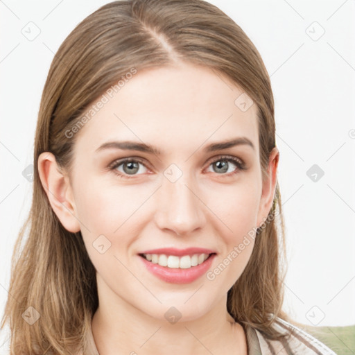 Joyful white young-adult female with long  brown hair and grey eyes