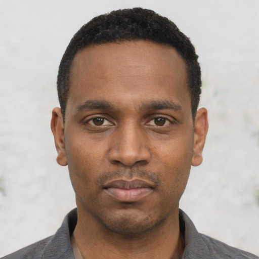 Neutral black young-adult male with short  black hair and brown eyes