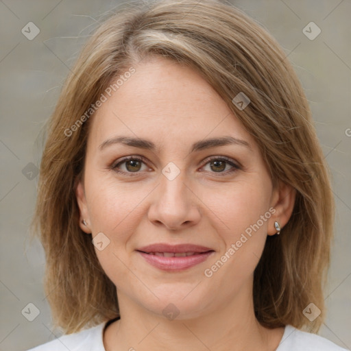 Joyful white young-adult female with medium  brown hair and green eyes