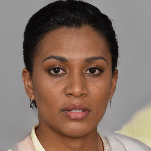 Neutral latino young-adult female with short  brown hair and brown eyes