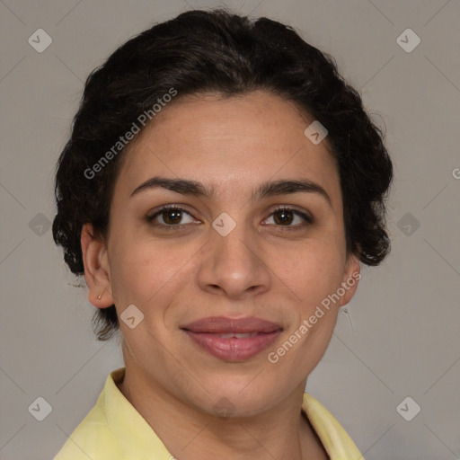 Joyful white adult female with short  brown hair and brown eyes